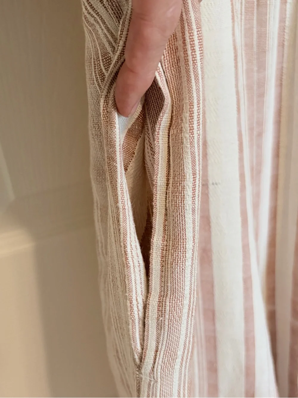 World Market Beige and White Striped Jumpsuit L/XL